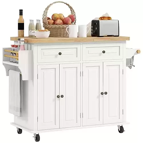 HOMCOM Kitchen Island on Wheels, Rolling Cart with Rubber Wood Top