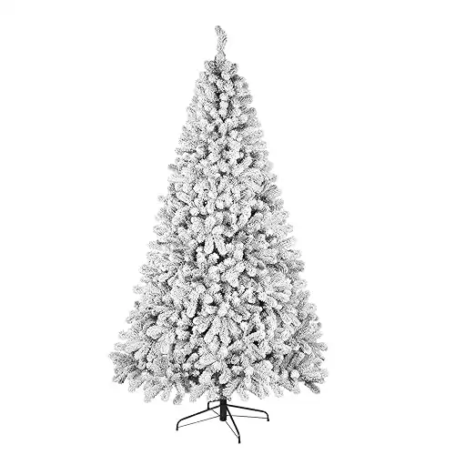 WBHome 7 Feet Snow Flocked Christmas Tree, Pre-lit Premium Spruce Hinged Artificial Christmas Tree with 400 Lights, 1121 Branch Tips